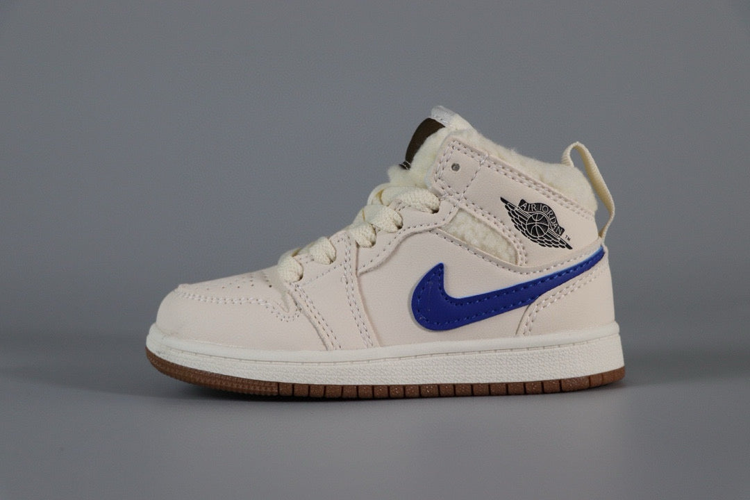 a pair of white and blue sneakers on a gray background