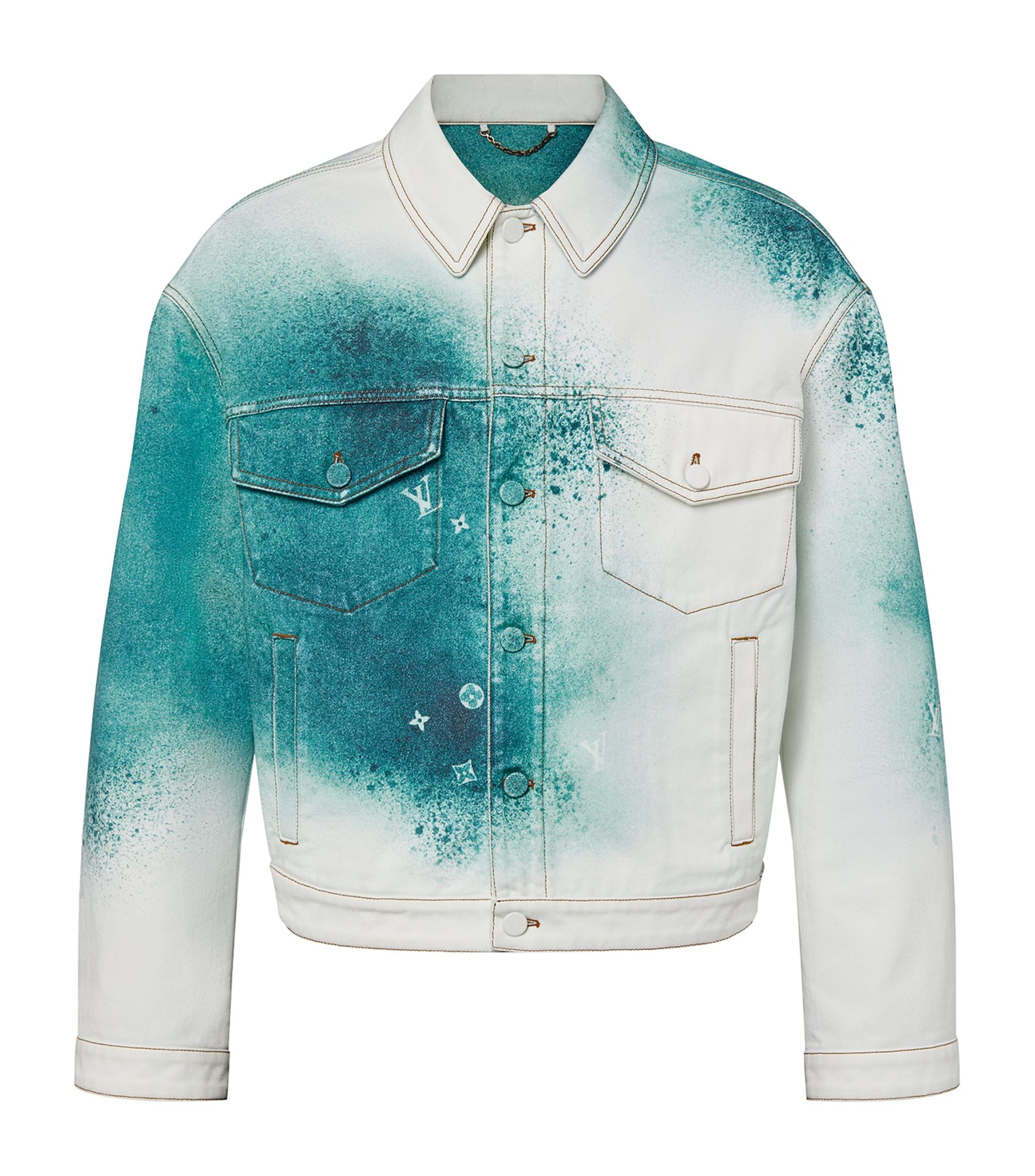 a white jacket with blue and green paint on it