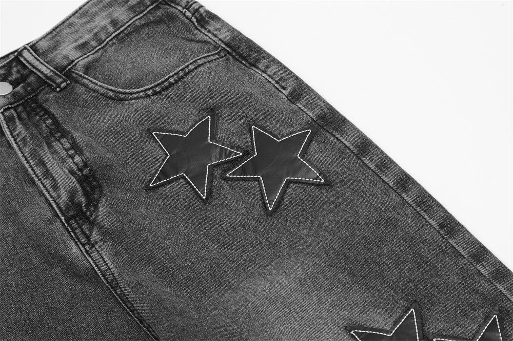 Five-Pointed Star Affixed Cloth Embroidered Loose Straight Jeans