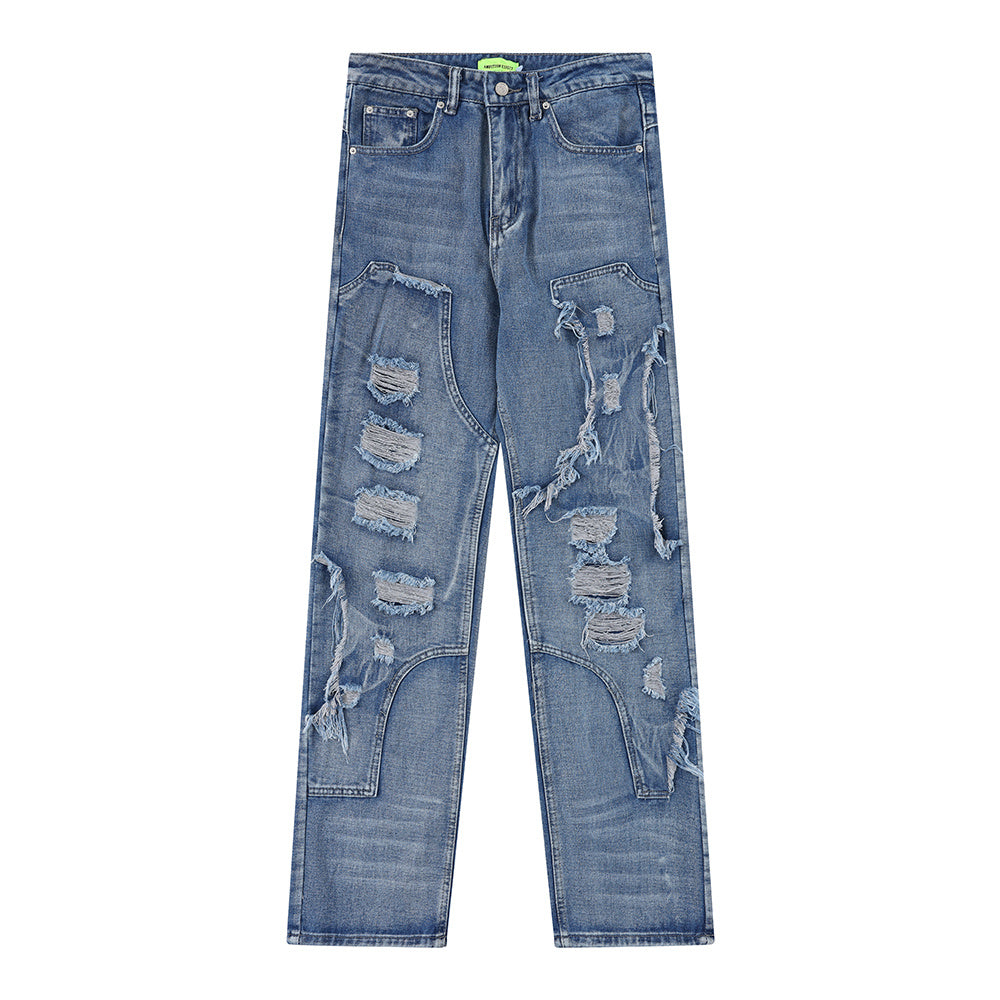 Stitching Hole Loose Denim Trousers