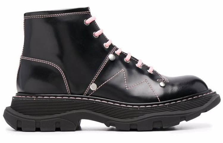 (WMNS) Alexander McQueen Contrast Stitch Tread Lace Up Boots 'Black Pink' 595469WHZ881336 #