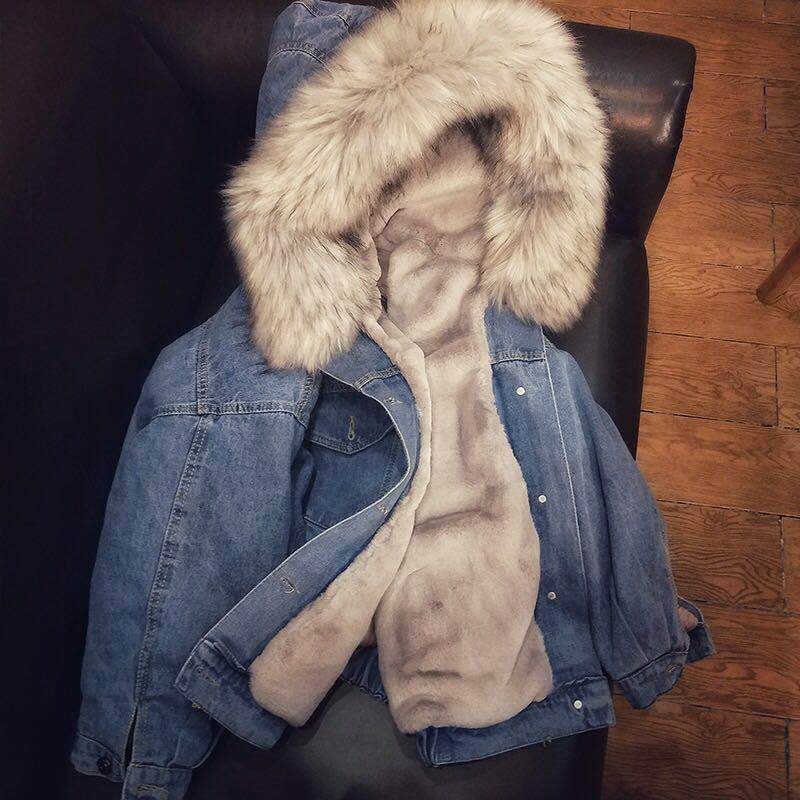 Loose Thick Plush Fur Collar Denim Coat For Women