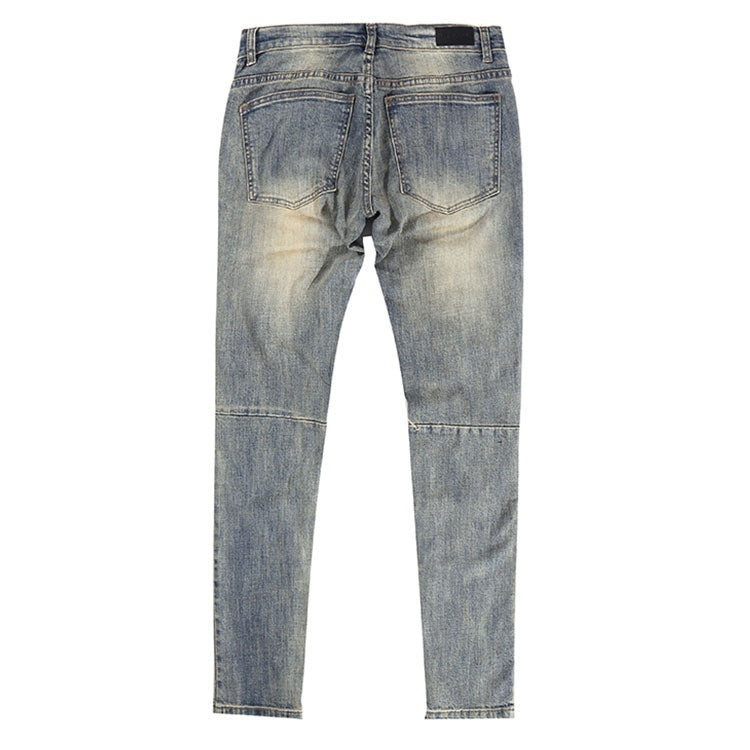 Ripped Washed Elastic Mid-Waist Denim Trousers