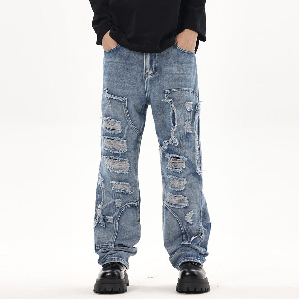 Stitching Hole Loose Denim Trousers