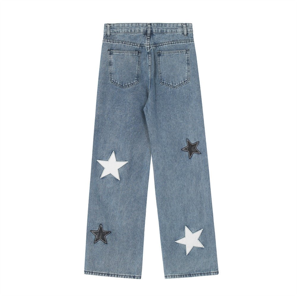 Five-Pointed Star Affixed Cloth Embroidered Loose Straight Jeans