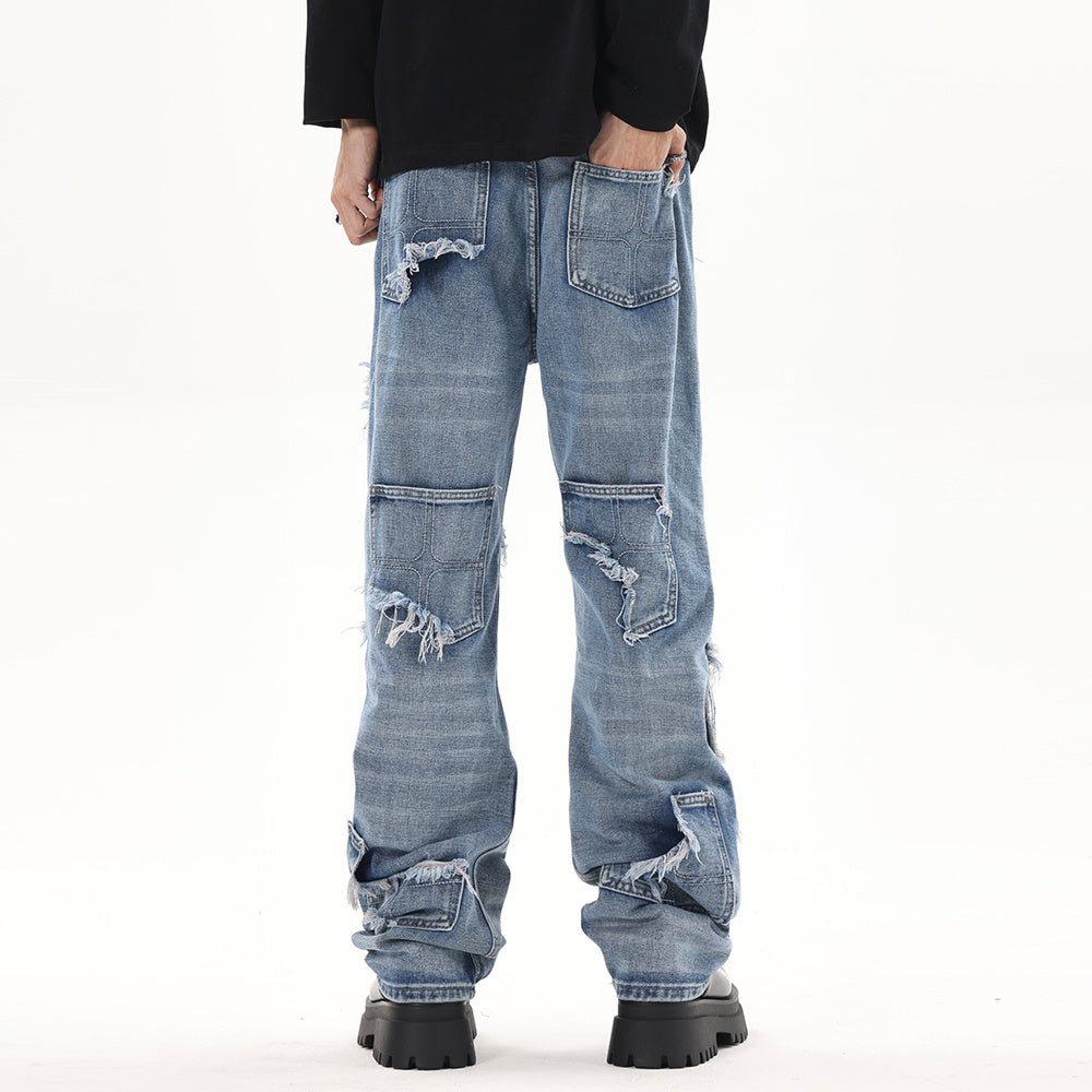 Stitching Hole Loose Denim Trousers