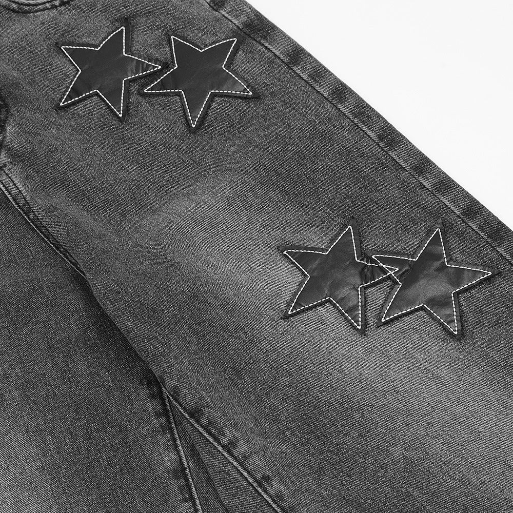 Five-Pointed Star Affixed Cloth Embroidered Loose Straight Jeans