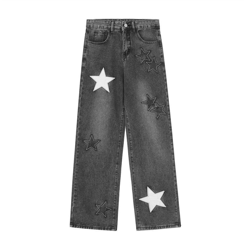 Five-Pointed Star Affixed Cloth Embroidered Loose Straight Jeans