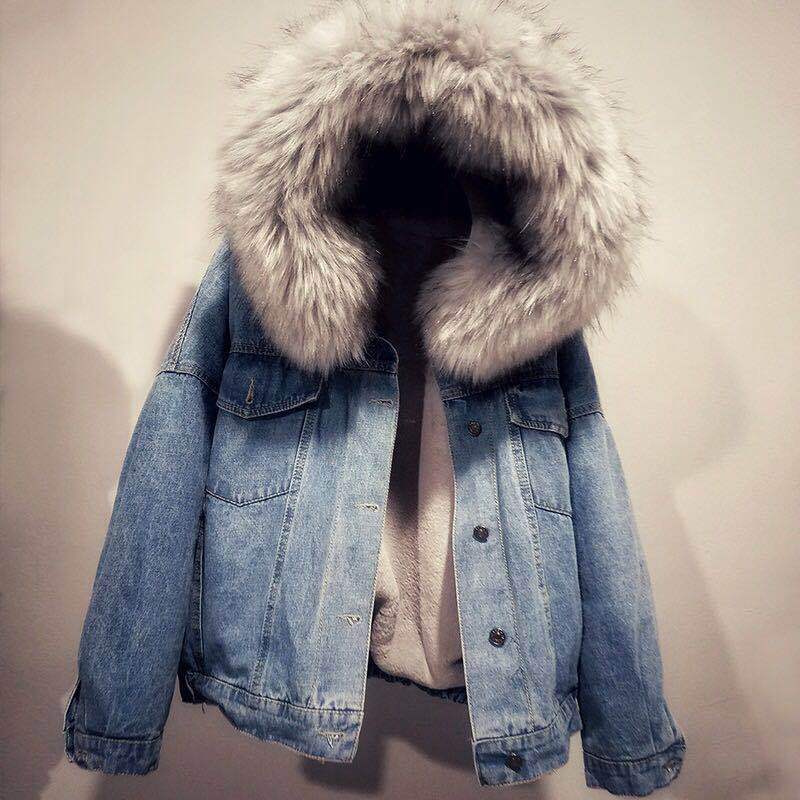 Loose Thick Plush Fur Collar Denim Coat For Women