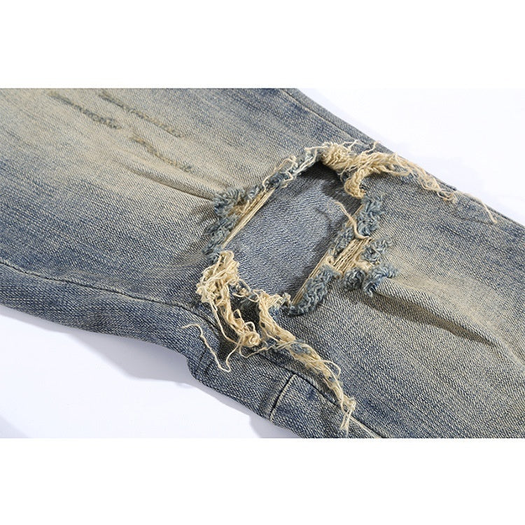 Ripped Washed Elastic Mid-Waist Denim Trousers