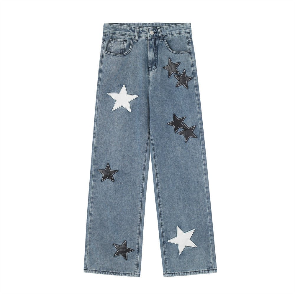 Five-Pointed Star Affixed Cloth Embroidered Loose Straight Jeans