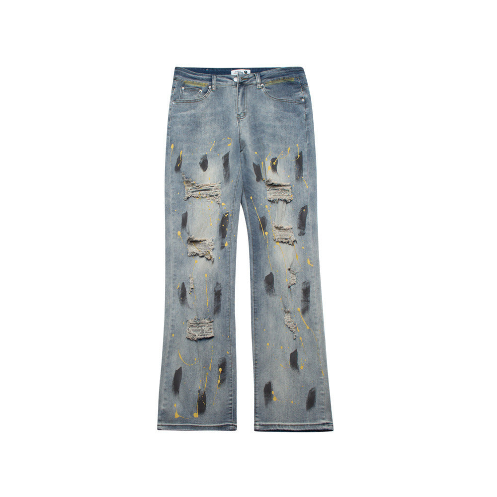 Men's Loose Washed-out Painting Splash-ink Ripped Jeans