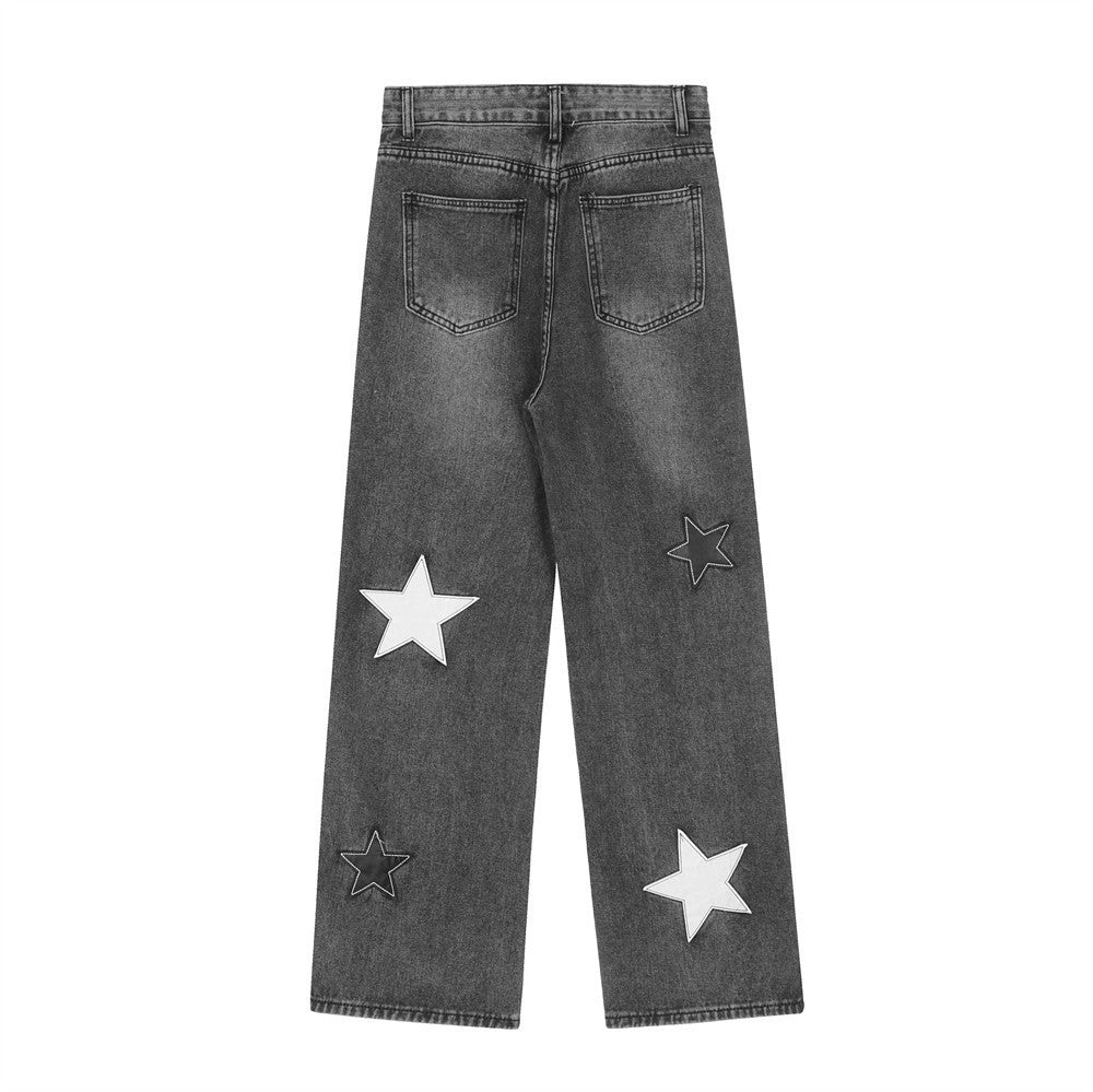 Five-Pointed Star Affixed Cloth Embroidered Loose Straight Jeans