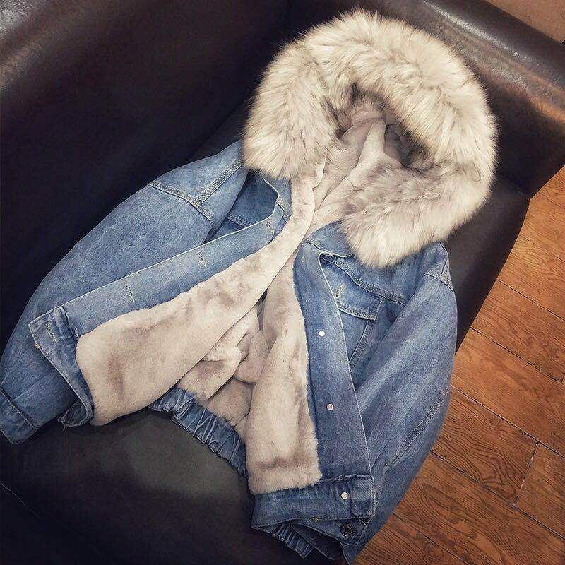 Loose Thick Plush Fur Collar Denim Coat For Women