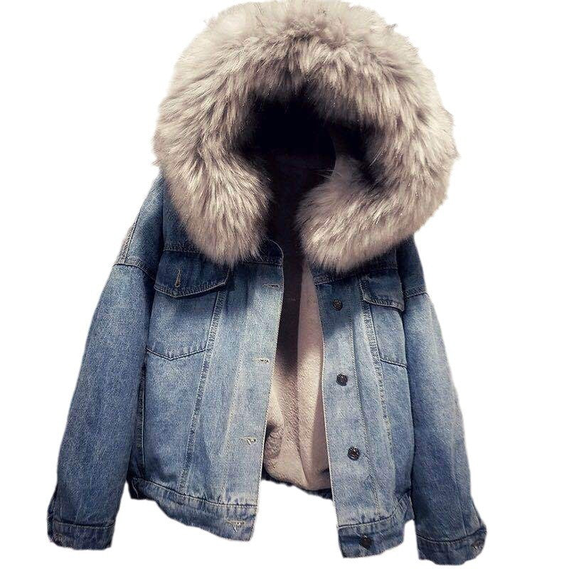 Loose Thick Plush Fur Collar Denim Coat For Women