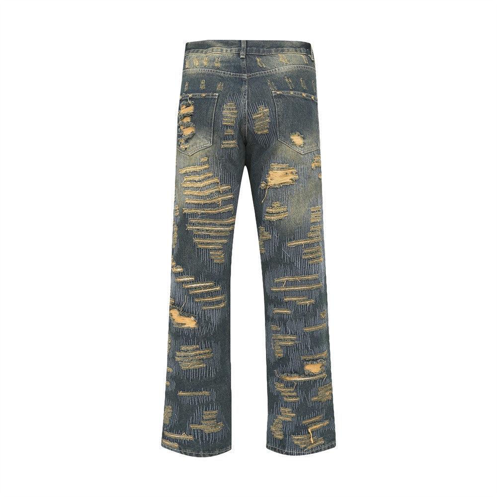 Men's Ripped Embroidered Wide-leg Jeans