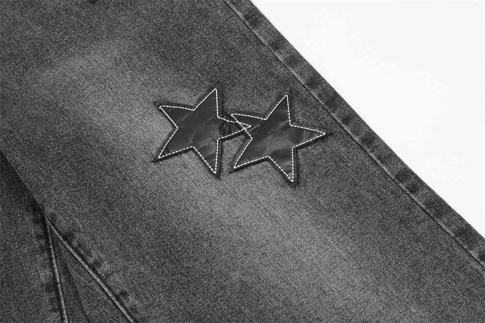 Five-Pointed Star Affixed Cloth Embroidered Loose Straight Jeans