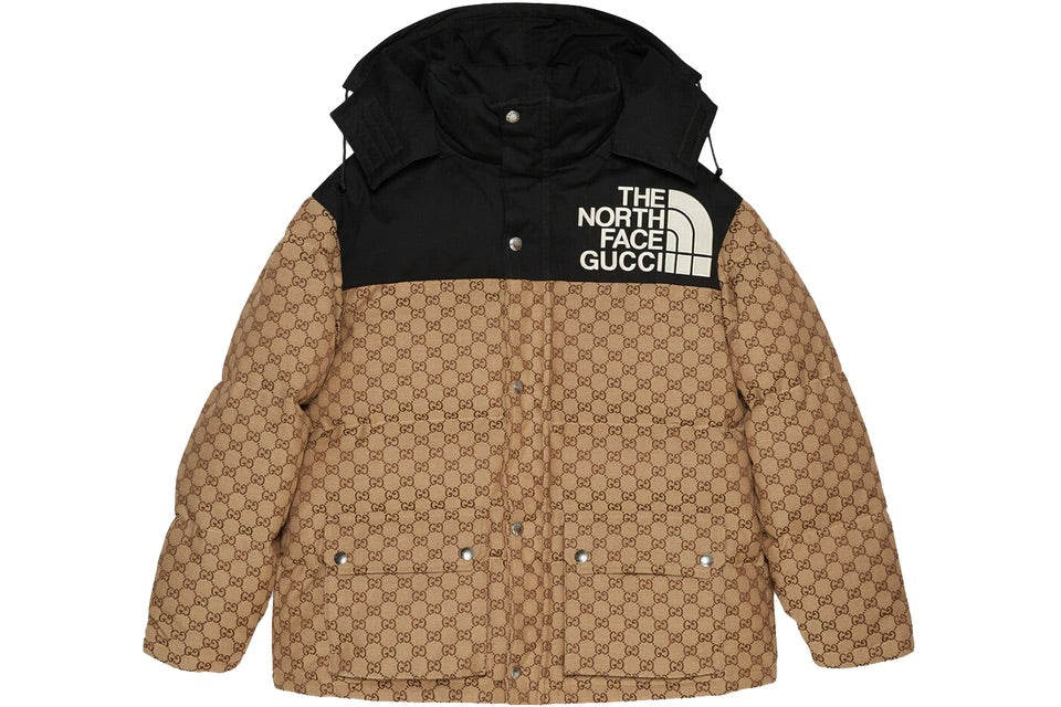 a brown and black jacket with the north face logo on it