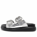 (WMNS) Alexander McQueen Gabine Buckled Leather Slides 'Silver Black' 783254W4WG18100 #